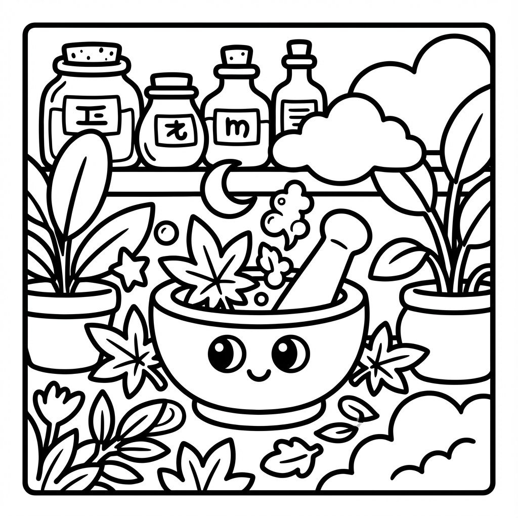 Smiling mortar and pestle with herbs, a wonderful thick line coloring pages printable.